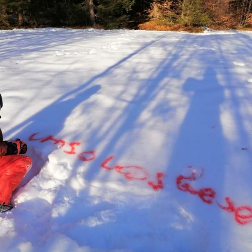 Junge beim Schreiben der Wörter "umso", "los" und "lese" mit roter Sprühfarbe im Schnee