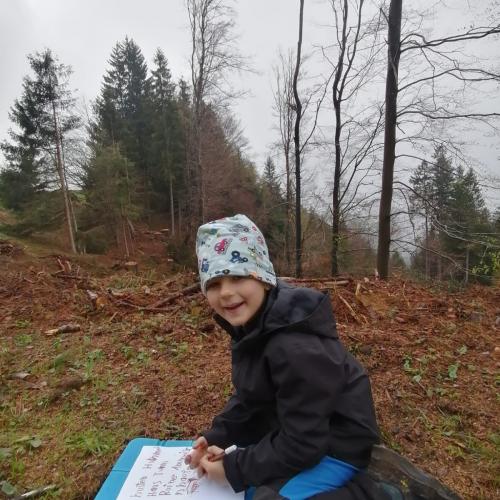 1 Kind beim Schreiben von Sätzen im Wald