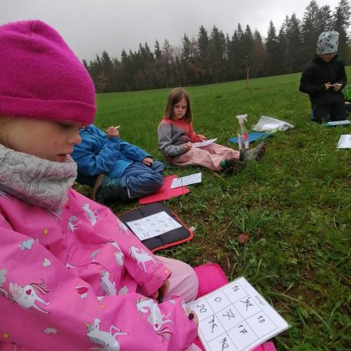 Kinder beim Spielen von Zahlen-Bingo auf der Wiese